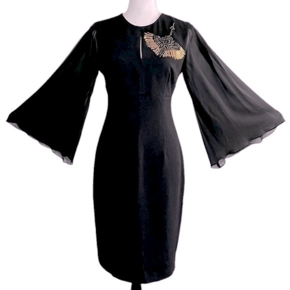 Trina Turk Women's Black Keyhole Sheer Sleeve Embellished Gold Bead Sheath Dress - Picture 1 of 14